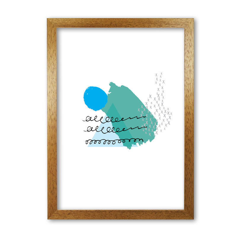 Teal And Blue Mountain Sun Abstract - Single Picture Frame Print, 85 cm H x 60 cm W x 5 cm D, Honey Oak Frame