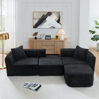 114" No-Assembly Cloud L-Shaped Sectional Couch with Chaise - Modular Sofa with Movable Ottoman, Upholstered Couch for Living Room/Bedroom (Black)
