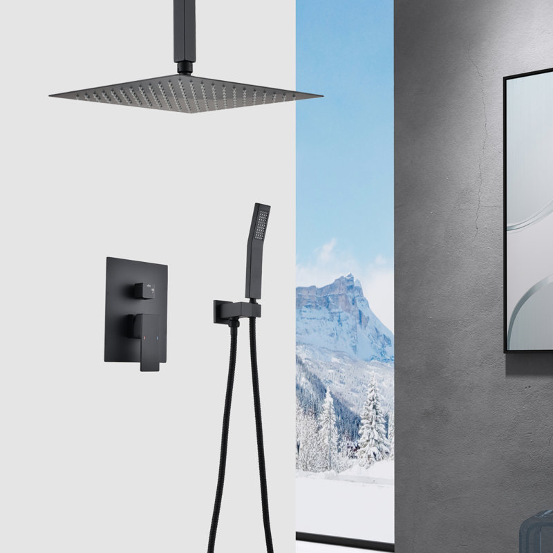 Douche de plafond noire matte - Tuyau à main et coude de 16 po pour un fonctionnement en douceur, tuyau très long très flexible,