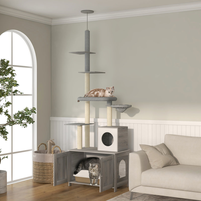 Bac à litière pour chat gris. Élégant et fonctionnel avec, lit, poteaux à griffer et plates-formes pour chats d'intérieur, tour d'enclos 2 en 1 - gris. Félin