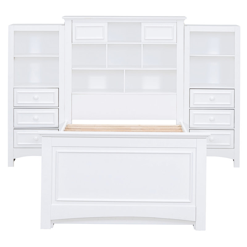 Lit plateforme simple blanc en bois avec armoire verticale tout-en-un, 4 tiroirs de chaque côté et tête de lit pour la chambre à coucher