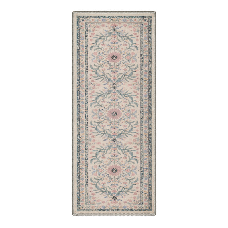 Allsop Lorelei Floral Machine Washable Beige / Pink Indoor Area Rug with Non-Slip Backing, Runner 2'6" x 8'