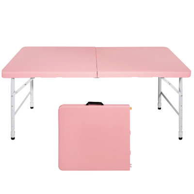 Table pliante d'extérieur rose 4 pi. Parfait pour les barbecues de camping. Limite de poids maximale de 135 kg. Pliable avec poignée pratique à mouvement fixe. Plateau de table lisse et imperméable. Support triangulaire amélioré