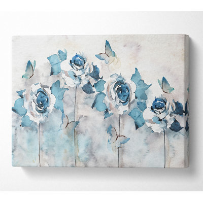 Teal Roses And Butterflies - Wrapped Canvas Print