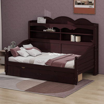 Twin Daybed With Storage Drawers & Bookcase Headboard, Wooden Day Bed Frame With Shelves, Retro Sofa Bed