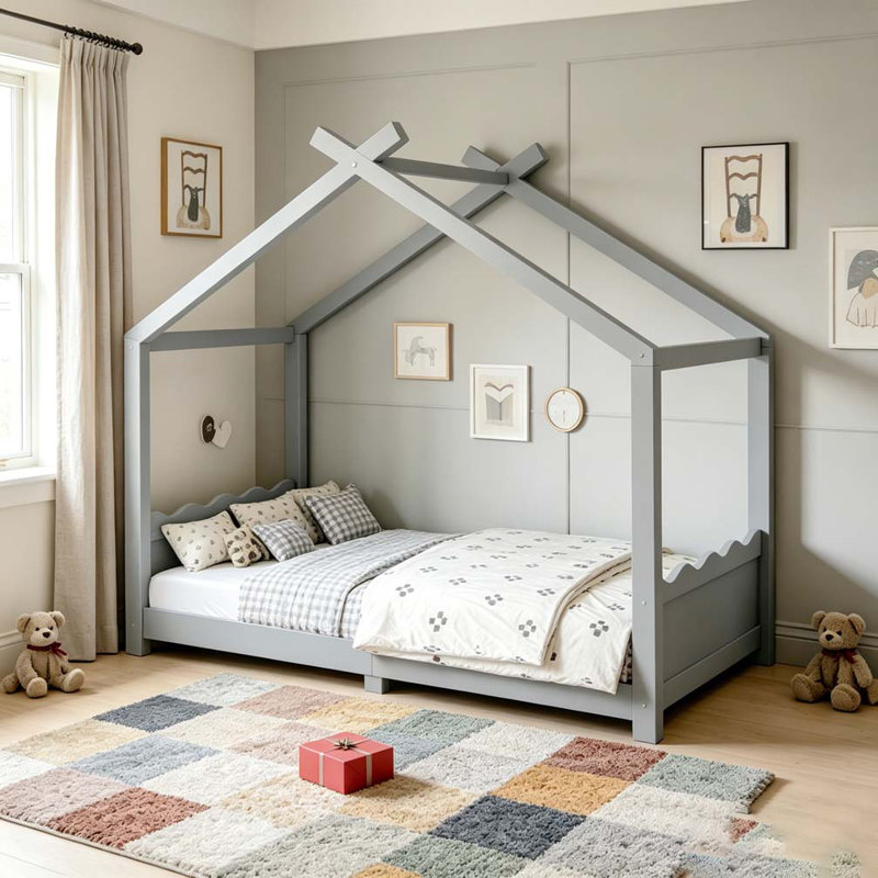 House Floor Bed with Support Slats, Solid Wood House Bed Frame for Kids, No Box Spring Needed and Opening Constructure, Twin