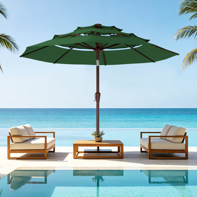 9Ft 3-Tier Patio Umbrella With Push Button Tilt & Crank Lift, Outdoor Market Umbrella For Garden Deck Backyard
