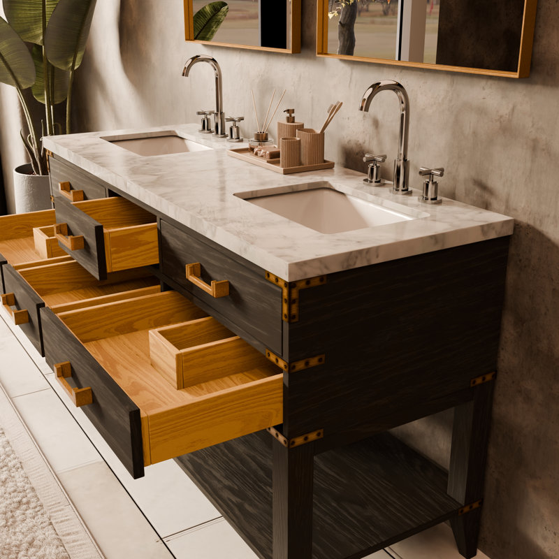 Meuble-lavabo double en chêne noir l 60 po x P 22 po, comptoir en marbre de Carrare, ensemble de robinet et miroirs 28 po