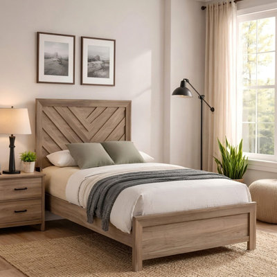 Chevron Wood Platform Bed Frame with Textured Headboard and Warm Natural Finish
