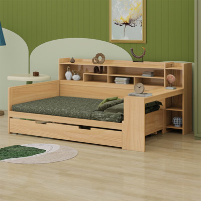 Lit de jour en bois avec tablettes de rangement, lit multifonctionnel avec lit gigogne et bureau d'étude