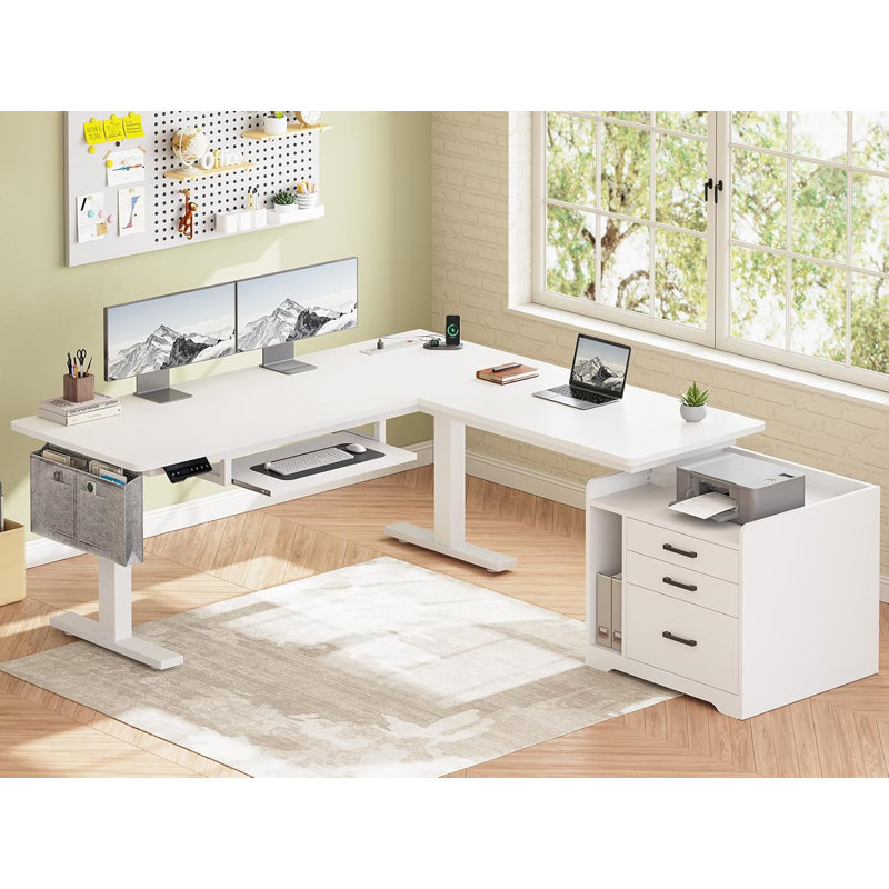 L Shaped Electric Standing Desk With File Cabinet, White/White