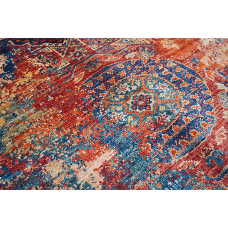 Hand Knotted Wool Area Rug in Red/Blue/Beige/Gray