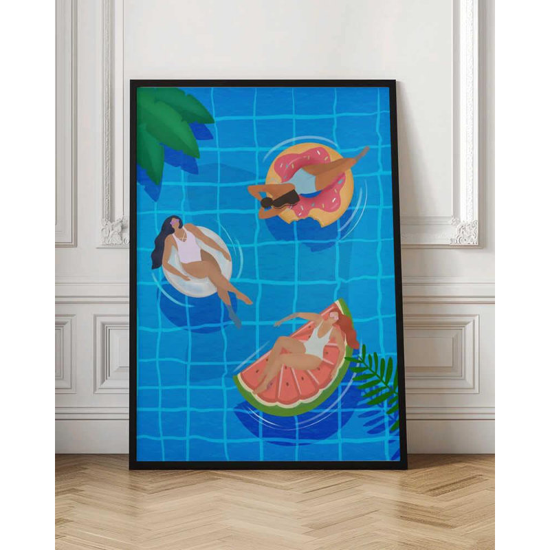«Summer Pool Day - Floating Women», reproduction d'art, Noir, Impression encadrée sans passe-partout, H 24 po x l 18 po