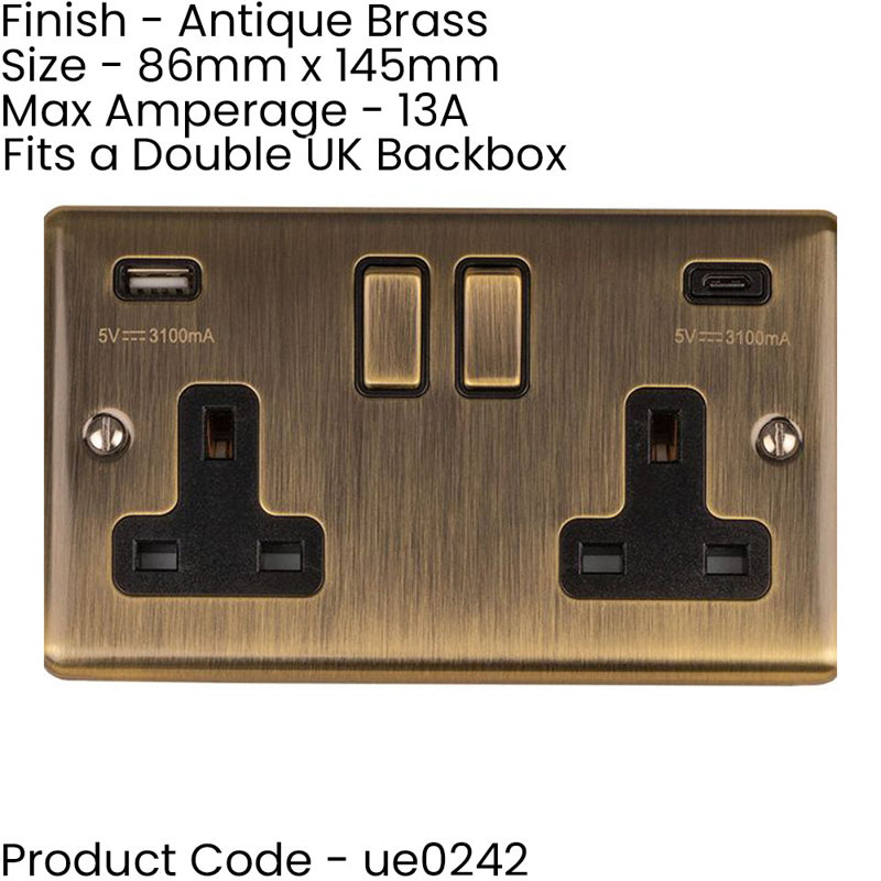3 PACK 2 Gang Double UK Plug Socket & Dual 3.1A USB-C ANTIQUE BRASS 13A Switched