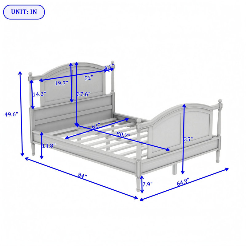 Lit plateforme en bois avec tête de lit, pied de lit et lattes, Grand lit, Bleu clair