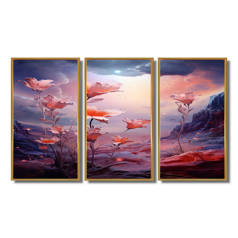 Dionisio - Ensemble de salon mural art abstrait paysage, Cadre flottant doré, H 32 po x l 48 po x P 1 po