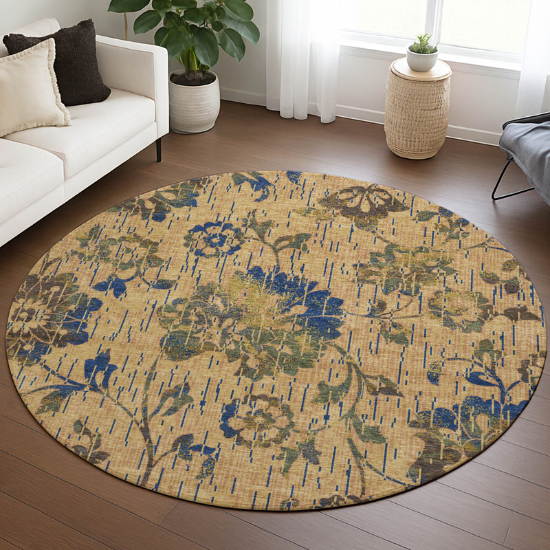 Machine Washable Indoor/Outdoor Chantille ACN2616 Floral Rug, Gold, 8' Round