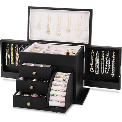 Organisateur de boîte à bijoux en bois massif, boîte de rangement de bijoux rustique à double couche avec doublure en lin, présentoir à boucles d'oreilles avec collier de boucles d'oreilles, boîte-cadeau de style campagnard