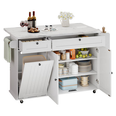 Jamera 60.2"W Kitchen Island with Two Large Storage Cabinets And Drawers, Locking Wheels
