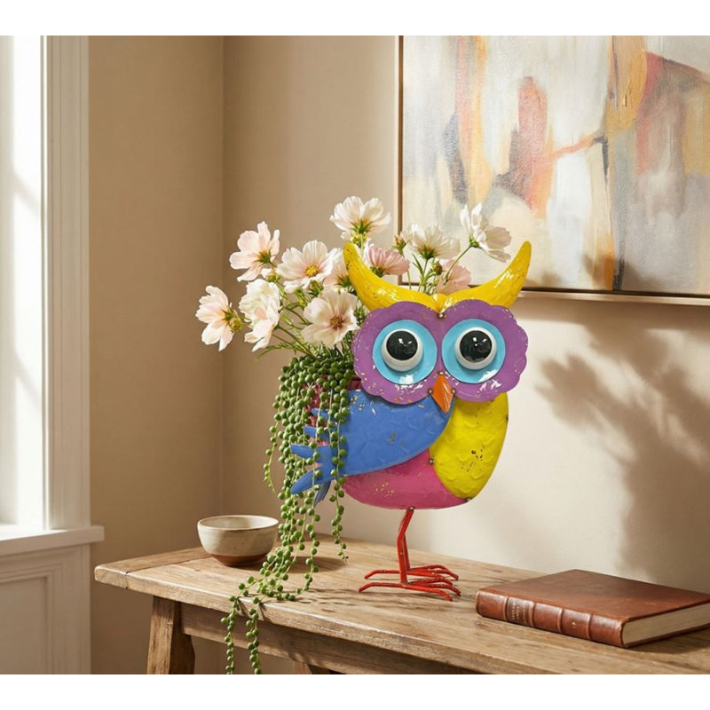 Metal Horned Owl Colorful Garden Planter Flower Pot Yard Art, Yellow/Purple/Blue/Pink
