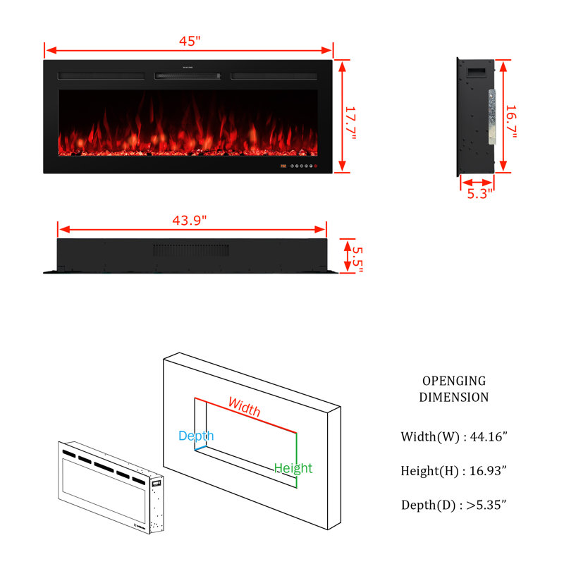 Abria Smart Electric Fireplace Inserts, 17.7" H x 48" W x 5.5" D