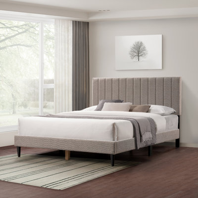 Gray Upholstered Queen Platform Bed Frame, Tufted Channel Headboard, Mid-Century Bedroom Furniture, No Box Spring Required, Bed Frame Wood Slats, Modern Soft Boucle, Non-Slip And Noise-Free, 64.25" X 84.5" X 45"