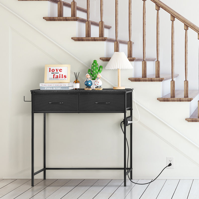 Console d'entrée noire avec 2 tiroirs en tissu, prise de courant et crochet en métal, table de canapé étroite