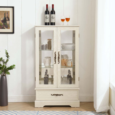 Lighted Glass Curio Cabinet With Adjustable Shelves - Elegant 2-Door Display Cabinet & Built-In Drawer, Includes Bulb