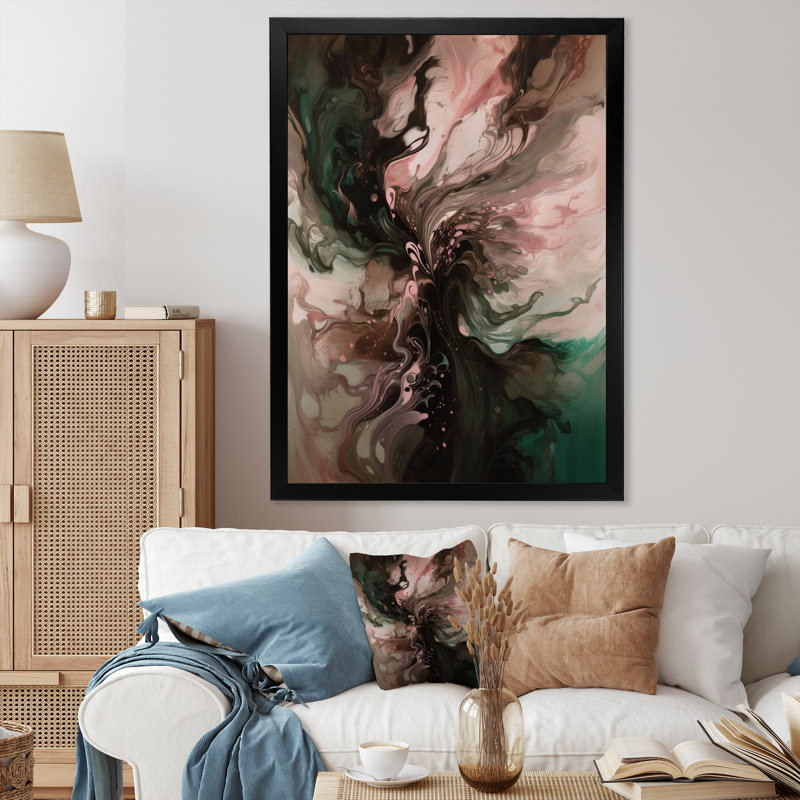 Rose et vert, monde intérieur de marbre II - art mural abstrait géométrique, Cadre photo noir, H 20 po x l 12 po x P 1 po