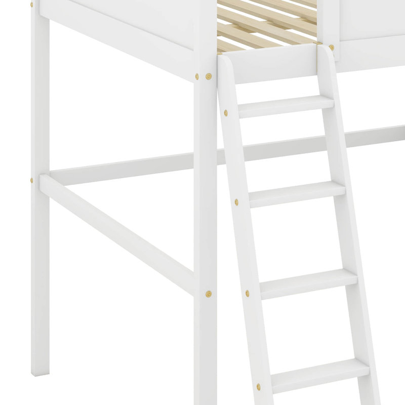 Grand lit mezzanine avec bureau intégré, boîte de rangement, tablettes ouvertes et station de recharge USB, structure de lit mezzanine en bois peu encombrante
