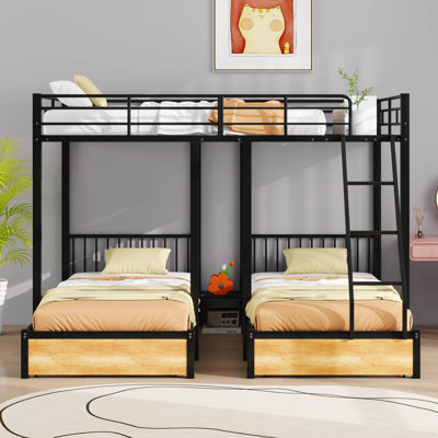 Full Over Twin & Twin Metal Triple Bunk Bed With Drawers And Guardrails, Bunk Bed For 3, Space-Noise Free, No Box Spring Needed by 17 Stories