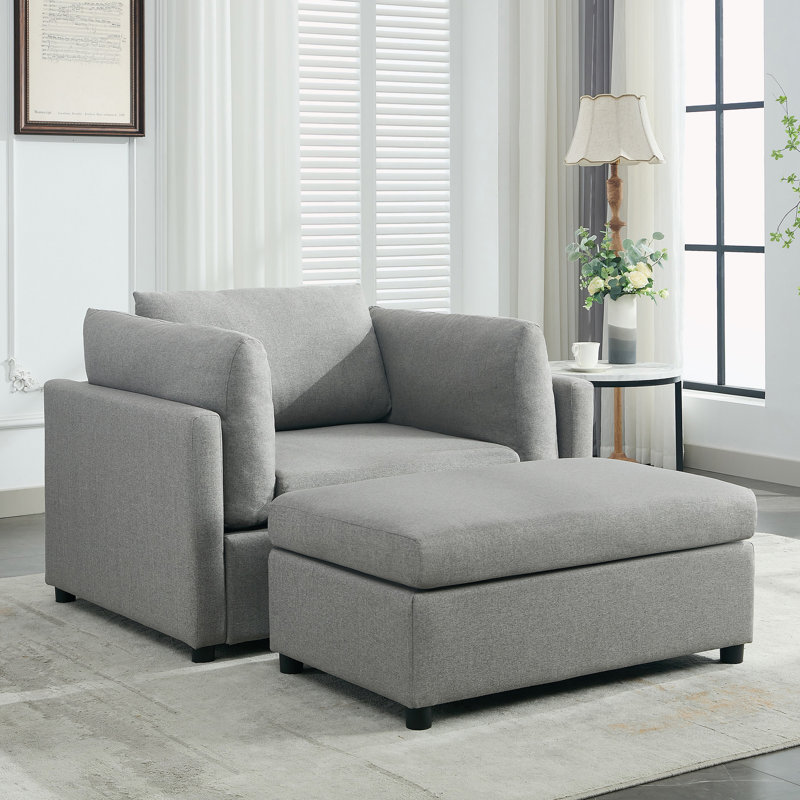 Linen 50" Wide Oversized Armchair with Ottoman, Light Gray Linen