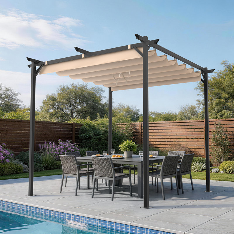 3m x 3m Metal Pergola with Retractable Roof, Beige, 3m x 3m