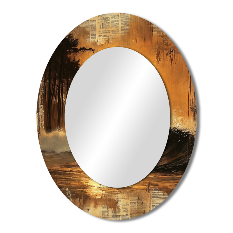 Vintage Yellow Surfing Landscape - Modern Oval Wall Mirror, 43" x 33"