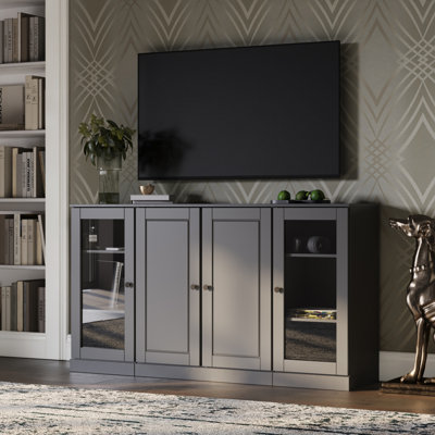 Meuble télé 100% bois massif, console de téléviseur de 65 po de largeur avec panneau surélevé, portes en verre et rangement