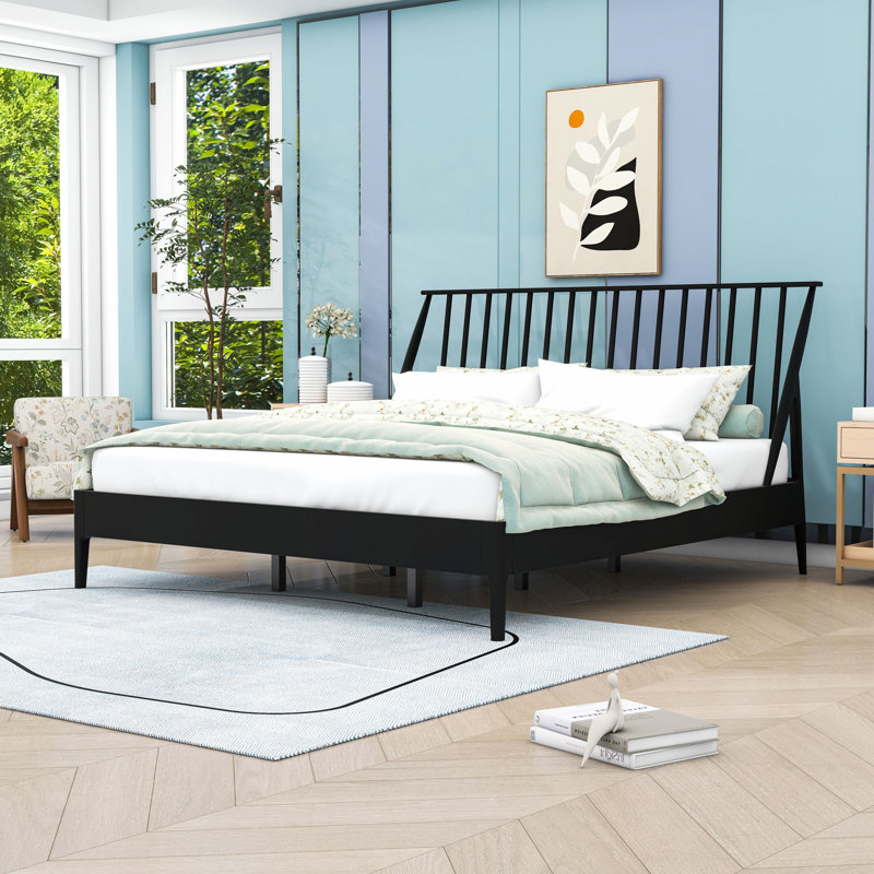 Wood Platform Bed with Headboard, Black, King