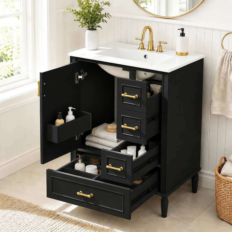 Meuble-lavabo moderne de 24 po avec lavabo en céramique, porte à fermeture douce, 3 tiroirs, poignées dorées et support de porte pour un rangement peu encombrant