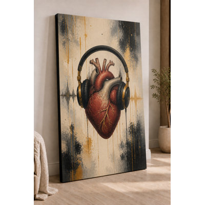 Grand casque d'écoute à cœur en forme de cœur, art mural, concept de mélomane pour salon, chambre à coucher, œuvre d'art moderne sur toile 24 x 36 pouces - prêt à être accroché