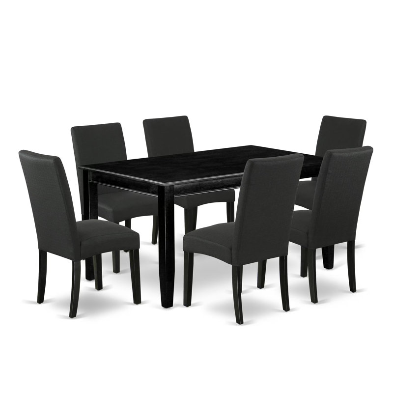 7 Piece Modern Dining Table Set consists of a Rectangular Wooden Table and 6 Black Color Linen Fabric Upholstered Chairs, 36x60 Inch, Black