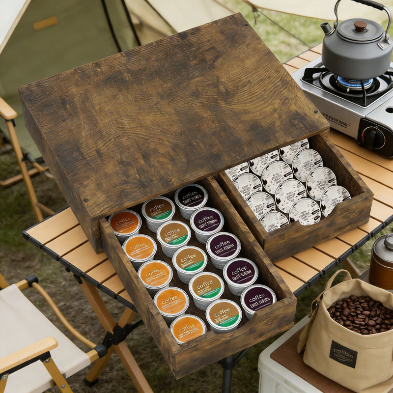 Support en bois K-Cup Organisateur et cafetière avec 2 tiroirs, pouvant contenir 30 dosettes de café, rangement compact pour capsules, sachets de thé et accessoires