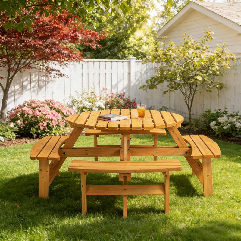 Table de pique-nique d'extérieur en bois massif avec 4 bancs intégrés, table de camping pour 8 personnes, Yellow