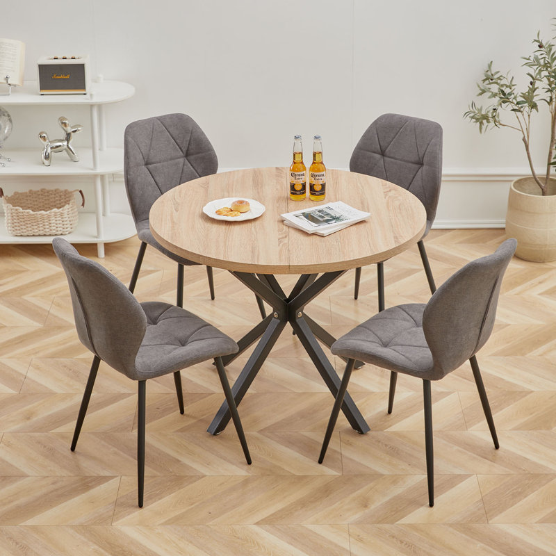 Modern Simple Round Solid Wood Dining Table Set - Set Of 4 Diamond Pattern Velvet Dining Chairs - Metal Legs - For Living Room/Bedroom