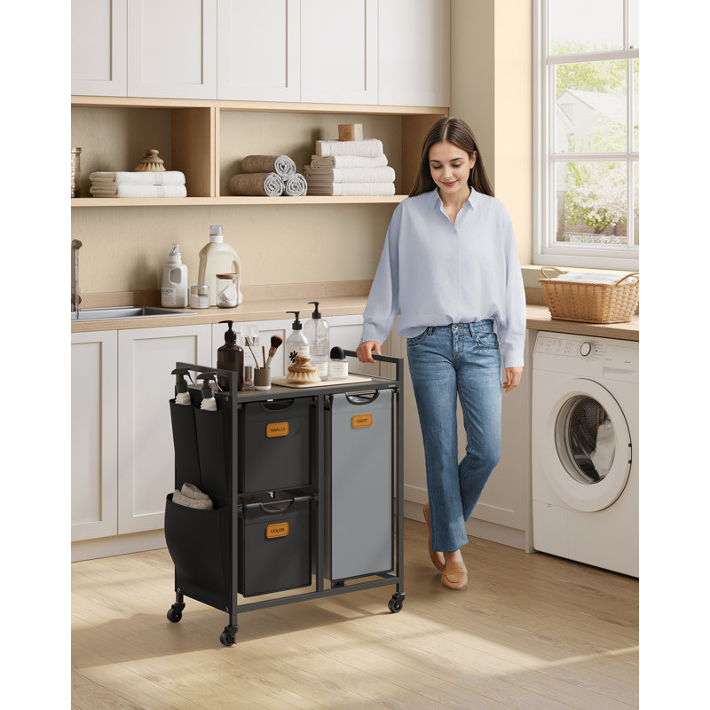 Metal Rolling Laundry Basket with Handles,  Chestnut Brown/Ink Black/Dove Grey