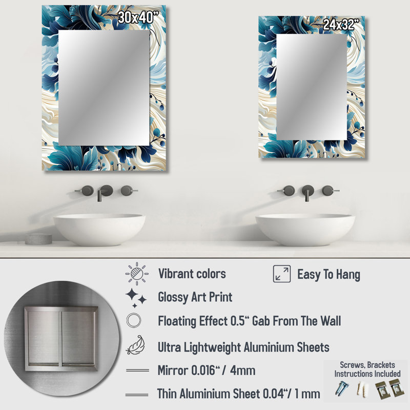 Adalberta Maritime Blues Nautical Flower Pattern - Cottage Decorative Mirror, Floral, Botanical Wall Mirror, Printed Metal Art
