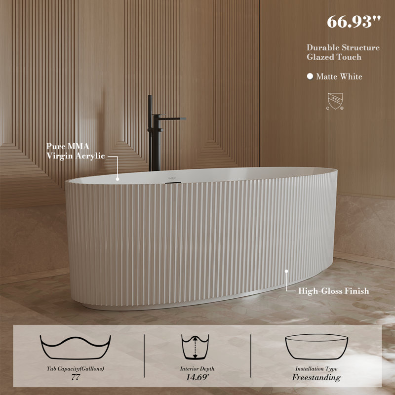Baignoire de trempage autoportante blanche en acrylique avec trop-plein et bonde escamotable 67 "x 33" Monblari