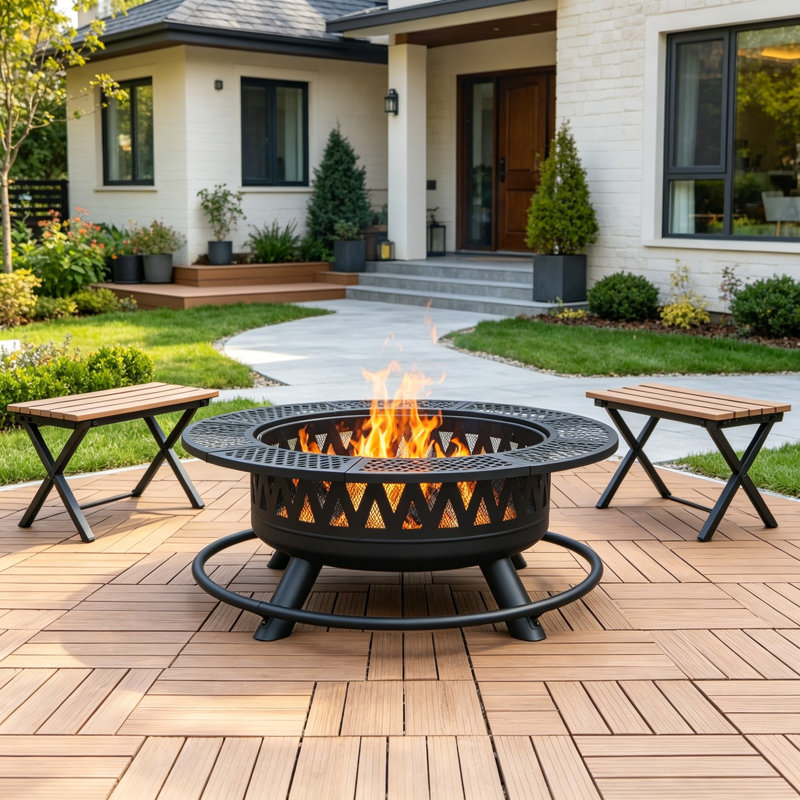 42" 3-in-1 Fire Pit Table with 2 Grills Lid, 16" H x 42" W x 42" D