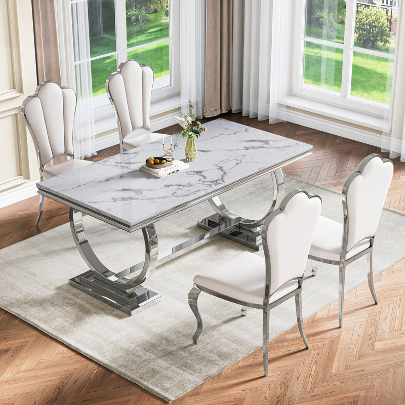 Ensemble de table de salle à manger en marbre 70 po pour 6 personnes, ensemble de table de salle à manger moderne en faux marbre 7 pièces avec 6 chaises à dossier haut, cuisine de salle à manger de luxe avec base en piédestal en acier inoxydable