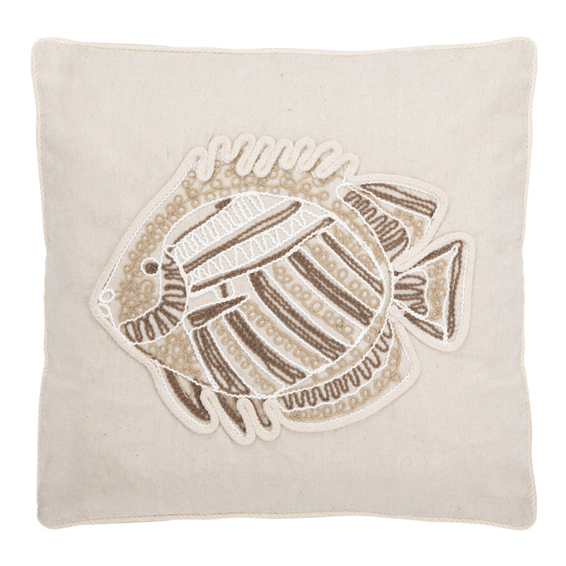 Felina Fish Embroidered Cream Coastal Throw Pillow