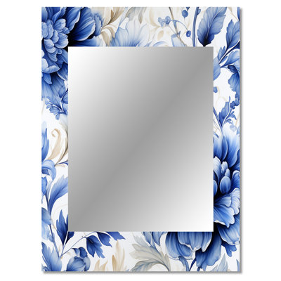 Ashalee Beige And Blue Ornate Damask Dahlia - Floral Decorative Mirror, Cottage Wall Mirror, Printed Metal Art