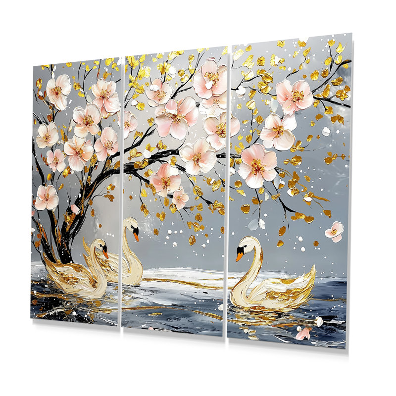Cygnes roses et dorées Love Under Cherry Blossom III - Ensemble de décoration murale cerisier en fleurs, Métal métal
